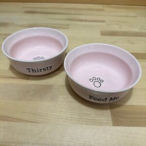Set Of 2 Signature Housewares 'FEED ME", "THIRSTY" Stoneware Food Water Bowl